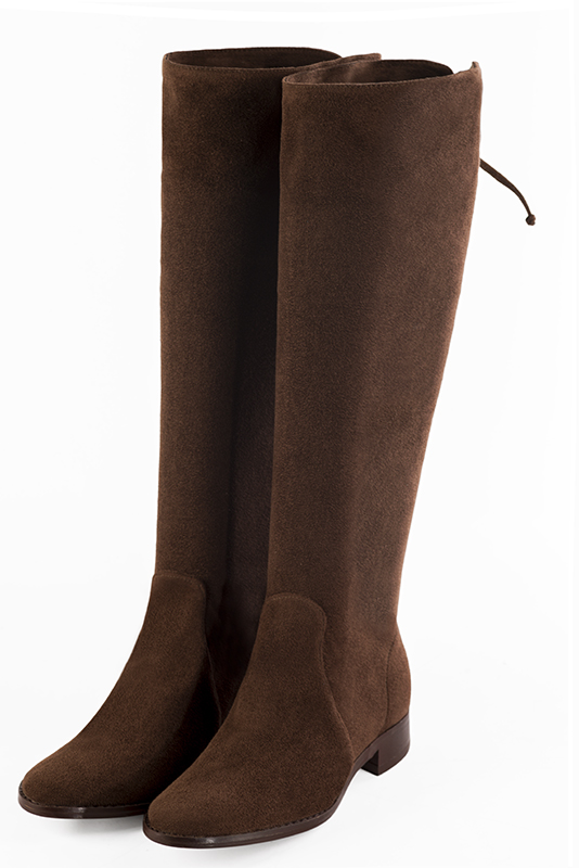 Chocolate brown women's knee-high boots, with laces at the back. Round toe. Flat leather soles. Made to measure. Front view - Florence KOOIJMAN